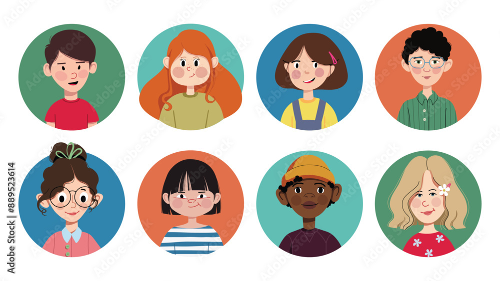 Cute children avatars, head portrait set. smiling kids. Diverse school child characters, excited joyful boys and girls of different race. Flat vector illustration isolated on white background. Cute children avatars, head portrait set. smiling kids. Diverse school child characters, excited joyful boys and girls of different race. Flat vector illustration isolated on white background.
