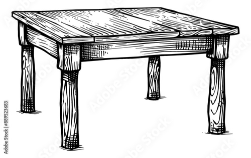 wooden table engraving black and white outline