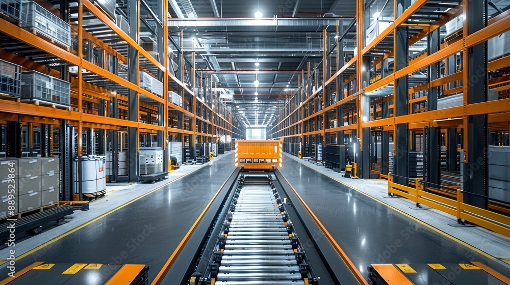 A modern warehouse with automated systems optimizing energy use and reducing waste. A modern warehouse with automated systems optimizing energy use and reducing waste.