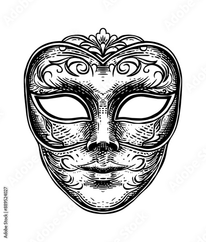 venetian mask engraving black and white outline