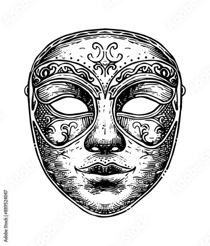 venetian mask engraving black and white outline