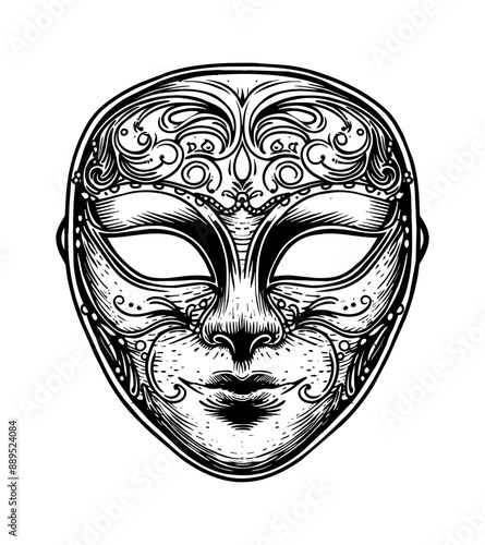 venetian mask engraving black and white outline