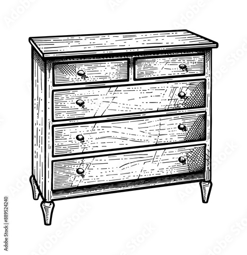 wooden dresser engraving black and white outline