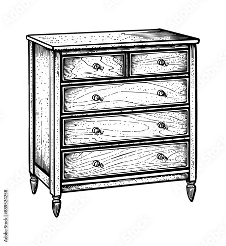 wooden dresser engraving black and white outline