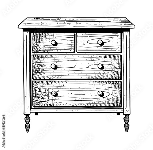 wooden dresser engraving black and white outline