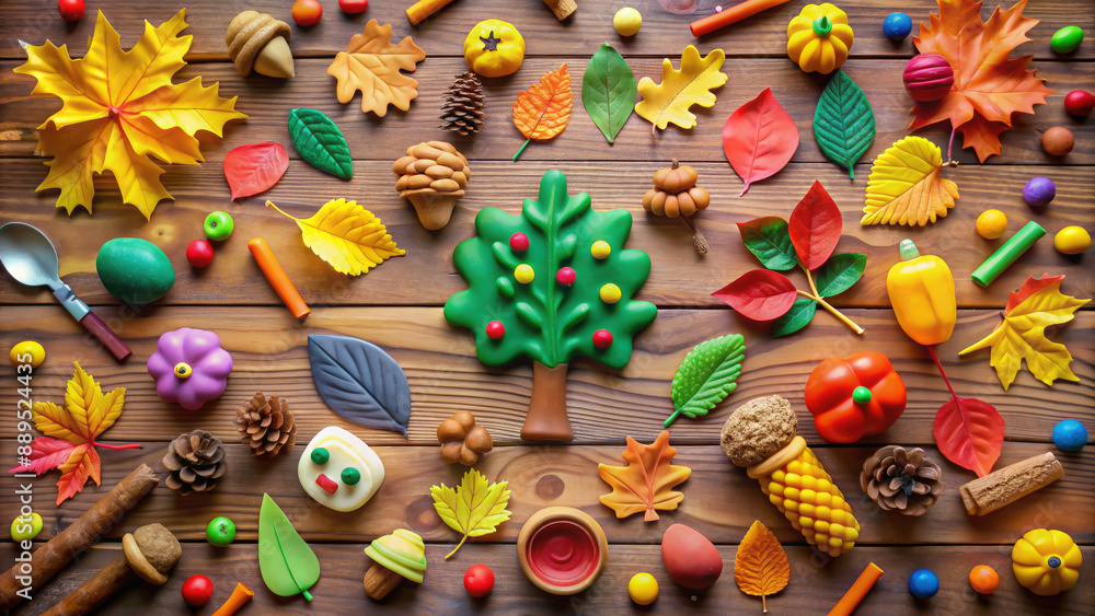 top view of autumn plasticine crafts, handmade, fall, yellow leaves, children's creativity, school handicraft lesson, kindergarten, table, wooden, tree, September, October, clay, nature, materials top view of autumn plasticine crafts, handmade, fall, yellow leaves, children's creativity, school handicraft lesson, kindergarten, table, wooden, tree, September, October, clay, nature, materials