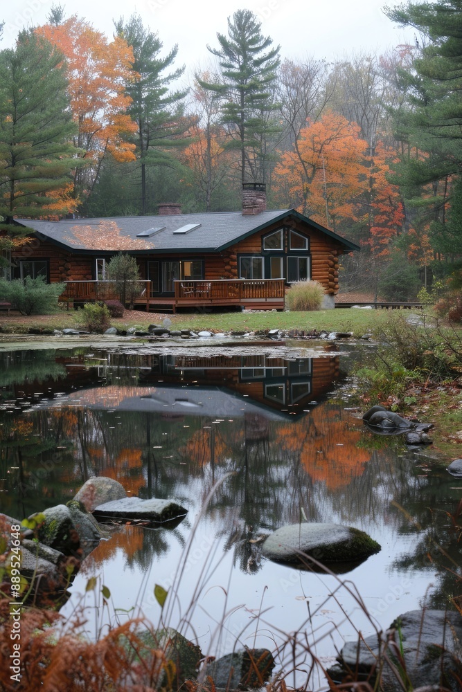 Obraz premium A house with a large yard and a pond in front of it