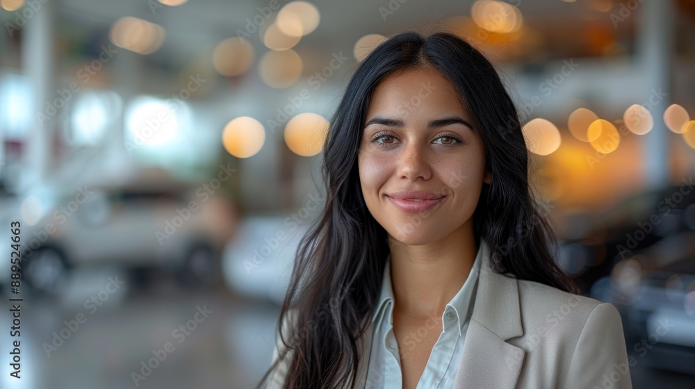 Obraz premium Close-up portrait of a young Hispanic woman in a car dealership, presenting a professional and welcoming demeanor with blurred showroom cars in the background.