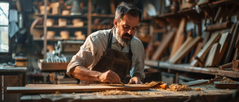 Skilled Carpenter Repairing and Restoring Furniture with Tools in Workshop Skilled Carpenter Repairing and Restoring Furniture with Tools in Workshop