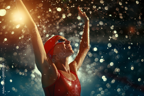 A swimmer with goggles and a cap celebrating a win in a pool in a stadium. Swimming competition at olympic games. photo