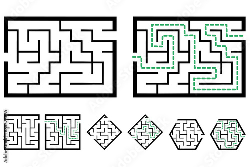 Set of simple labyrinths, mazes conundrums for kids. Baby puzzles with entry and exit. Children riddle games.