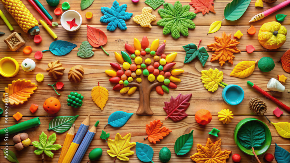 top view of autumn plasticine crafts, handmade, fall, yellow leaves, children's creativity, school handicraft lesson, kindergarten, table, wooden, tree, September, October, clay, nature, materials top view of autumn plasticine crafts, handmade, fall, yellow leaves, children's creativity, school handicraft lesson, kindergarten, table, wooden, tree, September, October, clay, nature, materials
