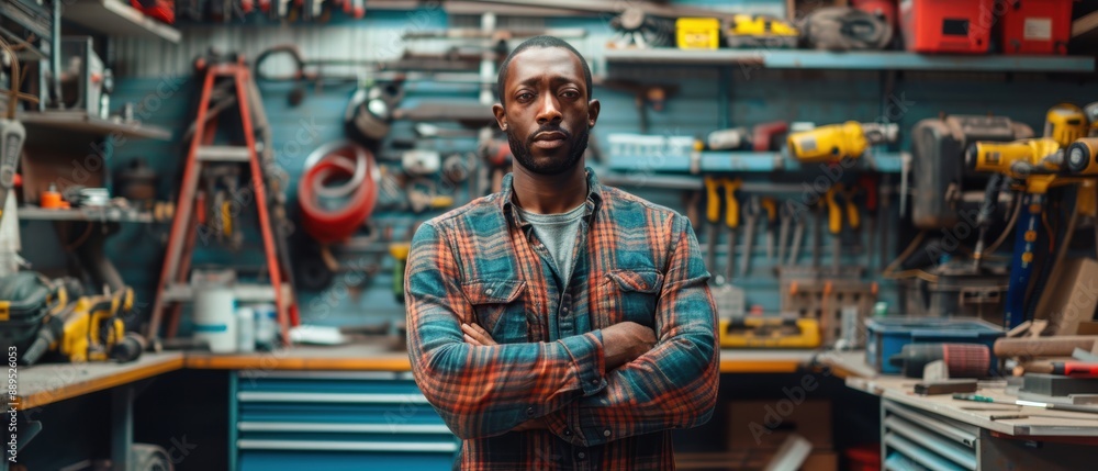 Confused Man in Workshop Holding Tool Surrounded by Various Tools and Workbenches Confused Man in Workshop Holding Tool Surrounded by Various Tools and Workbenches