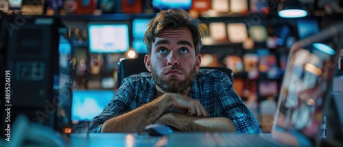 Confused Man Choosing Between Two Laptops in a Busy Computer Store with Tech Gadgets and Displays © Starkreal