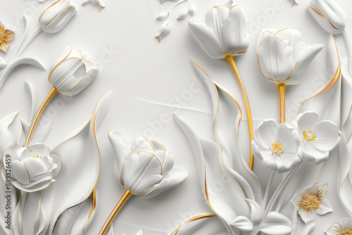 Elegant 3D floral design with gold and white flowers on a gray stone background. Luxurious and decorative artwork. Beautiful pattern of leaves and blossoms, perfect for wallpapers or cards.