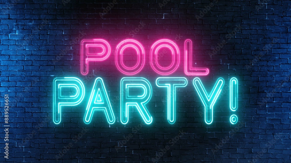 Obraz premium Pool Party text font with neon light. Luminous and shimmering haze inside the letters of the text Pool Party. Pool Party neon sign. 
