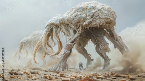 A large, white creature is walking through a desert