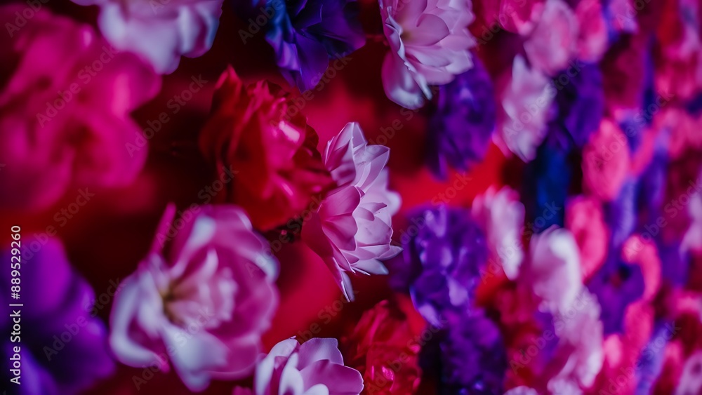 Beautiful artificial flowers on red background art soft focus Beautiful artificial flowers on red background art soft focus