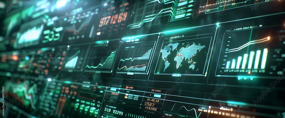 Futuristic stock market interface presenting holographic graphs and charts in a clean and organized layout. Futuristic stock market interface presenting holographic graphs and charts in a clean and organized layout.