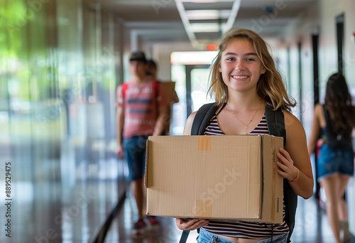 young smiling adult female student carrying a box in a school hallway while moving into a dorm room 