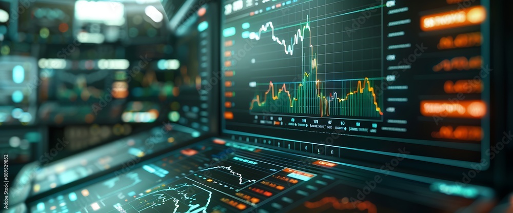 Futuristic stock market interface presenting holographic graphs and charts in a clean and organized layout. Futuristic stock market interface presenting holographic graphs and charts in a clean and organized layout.
