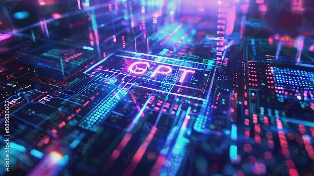 Animation of a digital circuit board with glowing lines and dots, showcasing the letters GPT in pink neon Animation of a digital circuit board with glowing lines and dots, showcasing the letters GPT in pink neon