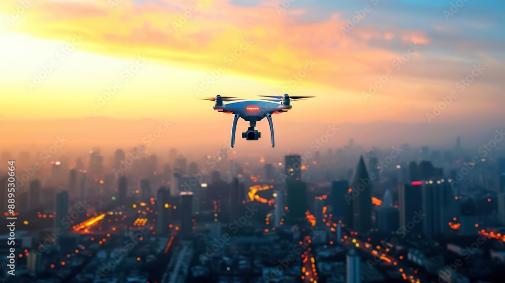 Aerial view of a drone flying over a cityscape at sunset, capturing urban skyline with vibrant lights and scenic sky. Aerial view of a drone flying over a cityscape at sunset, capturing urban skyline with vibrant lights and scenic sky.