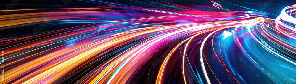 A colorful, abstract image of a highway with bright lights and a dark background. Concept of motion and energy, as if the cars are racing down the road A colorful, abstract image of a highway with bright lights and a dark background. Concept of motion and energy, as if the cars are racing down the road