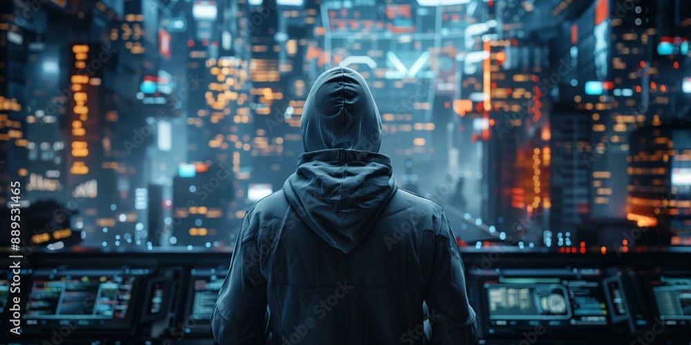 Skilled developer in a gray hoodie overlooking a futuristic cityscape, perfect for tech and cyber themes.
Skilled developer in a gray hoodie overlooking a futuristic cityscape, perfect for tech and cyber themes.