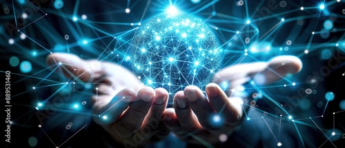 A person holding a digital globe, symbolizing global connectivity and technology. Concept of network, data, and innovation.
