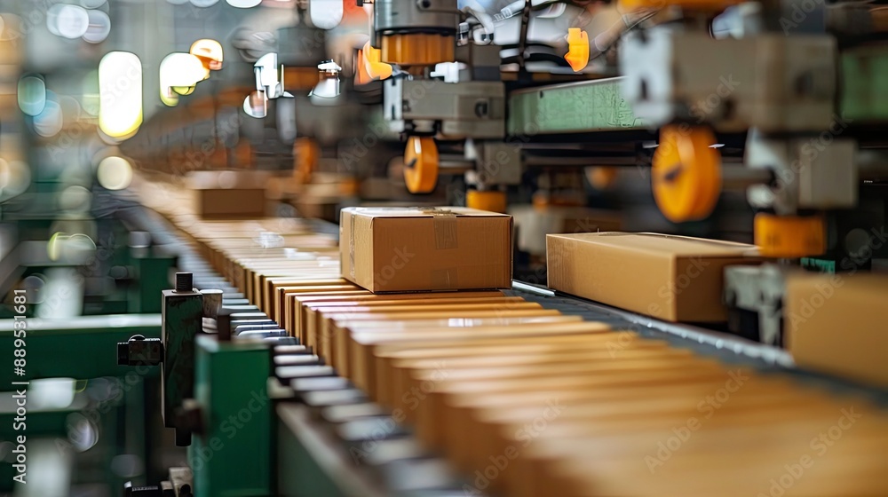 A close-up of eco-friendly packaging materials being used in a modern manufacturing plant. A close-up of eco-friendly packaging materials being used in a modern manufacturing plant.