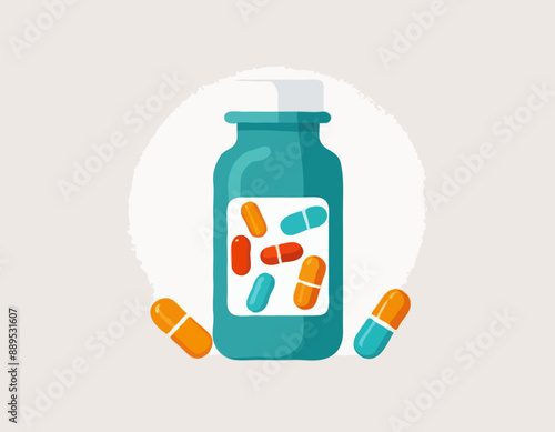 Vector bottle with pills and capsules isolated on white background. Medical drug icon. Illustration in cartoon flat style