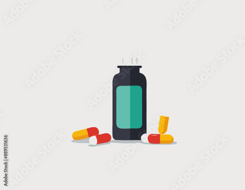 Vector bottle with pills and capsules isolated on white background. Medical drug icon. Illustration in cartoon flat style