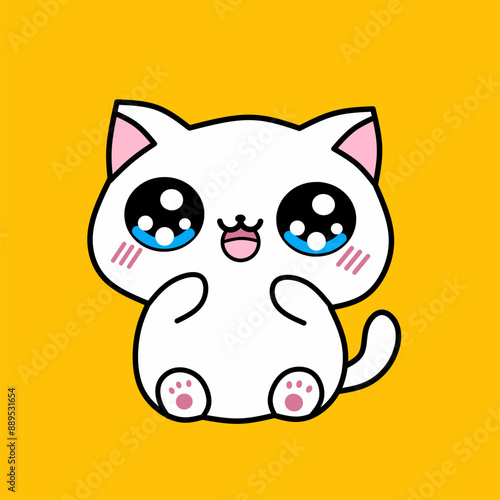kawaii cute white cat isolated on a yellow background. Vector anime style illustration