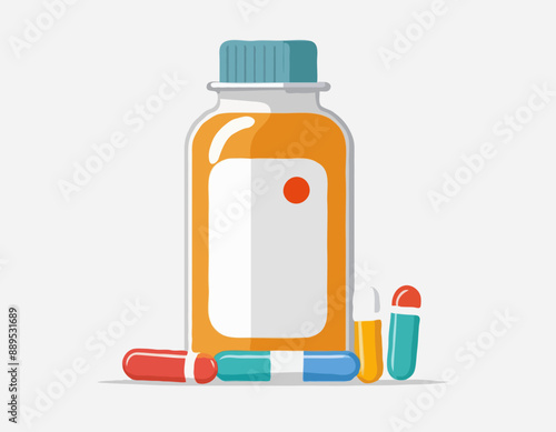 Vector bottle with pills and capsules isolated on white background. Medical drug icon. Illustration in cartoon flat style