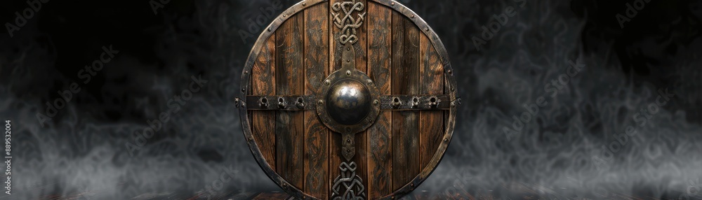 A wooden shield with a black and gold cross on it. The shield is surrounded by smoke, giving it a mysterious and ominous appearance A wooden shield with a black and gold cross on it. The shield is surrounded by smoke, giving it a mysterious and ominous appearance