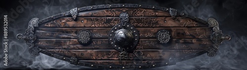 A wooden shield with a black and gold cross on it. The shield is surrounded by smoke, giving it a mysterious and ominous appearance
