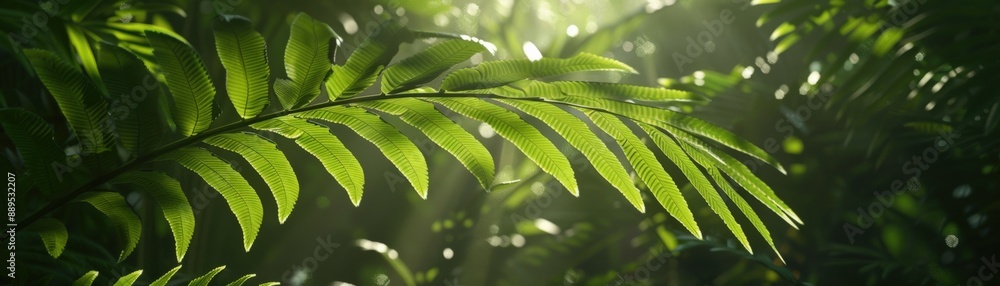 Close-up view of lush green fern leaves with sunlight filtering through, providing a serene and natural atmosphere in the forest. Close-up view of lush green fern leaves with sunlight filtering through, providing a serene and natural atmosphere in the forest.