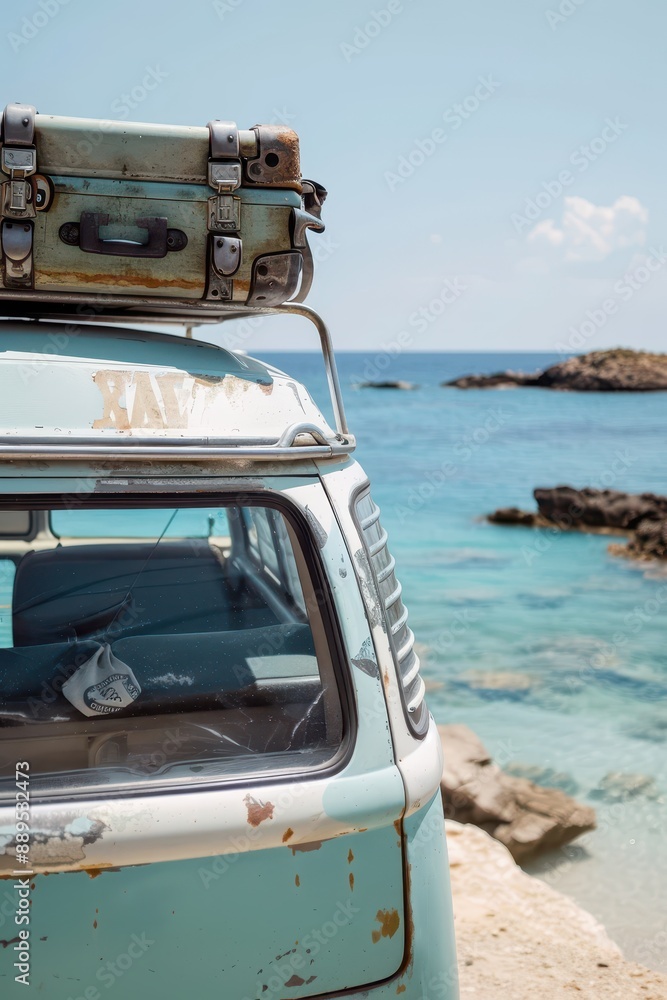 Fototapeta premium A blue and white van is parked on the beach with a suitcase on top of it. Concept of adventure and travel, as the van is likely being used for a road trip or vacation