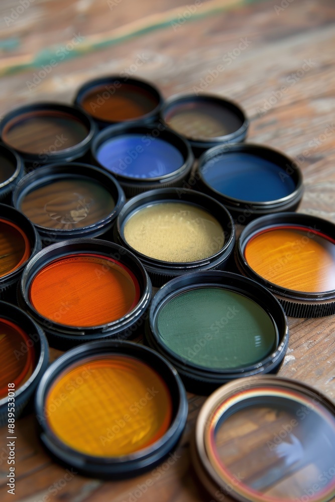 A collection of colorful lenses with a variety of colors and sizes. The lenses are arranged in a row, with some overlapping each other. Scene is one of creativity and artistic expression A collection of colorful lenses with a variety of colors and sizes. The lenses are arranged in a row, with some overlapping each other. Scene is one of creativity and artistic expression