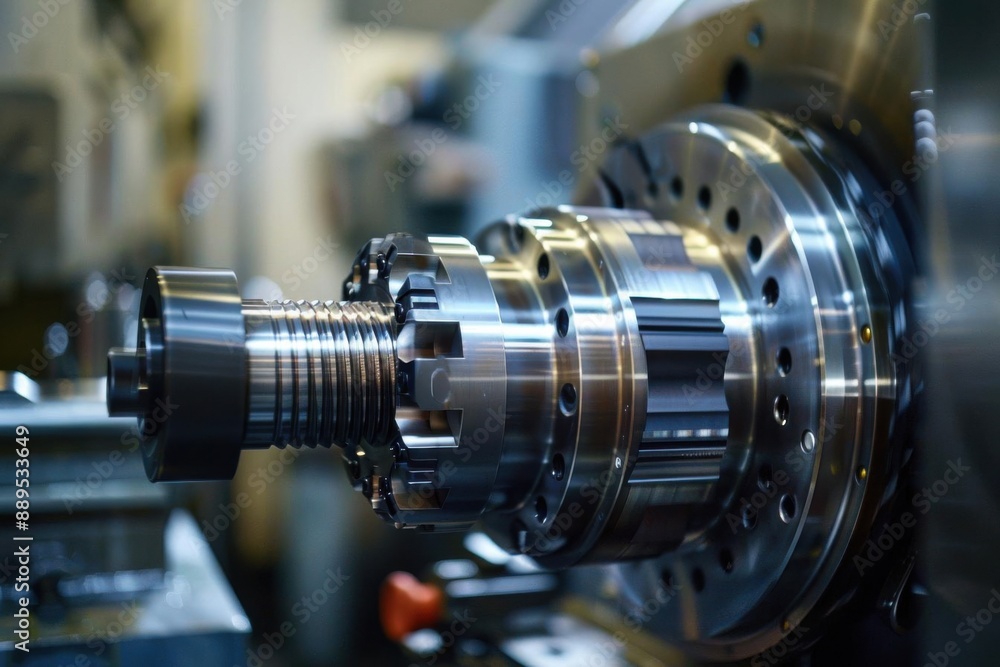 Close-up of a precision metal lathe machine in an industrial workshop, highlighting intricate details and craftsmanship. Close-up of a precision metal lathe machine in an industrial workshop, highlighting intricate details and craftsmanship.