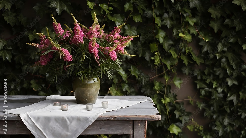 Fototapeta premium Daphne flowers in vase on old wooden table on background green wall