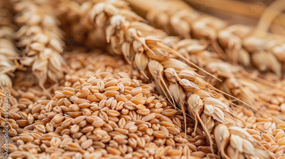 Obraz premium A close up of wheat grain with a grain of wheat in the foreground