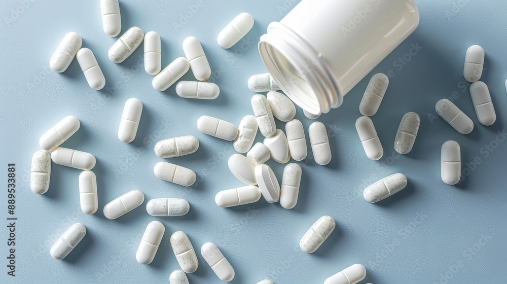 A white pill bottle with pills scattered around it A white pill bottle with pills scattered around it