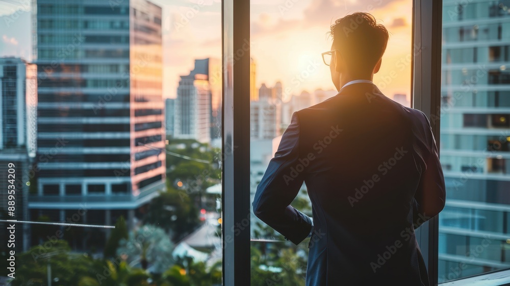 Man in suit looking out window over cityscape at sunset. Man in suit looking out window over cityscape at sunset.