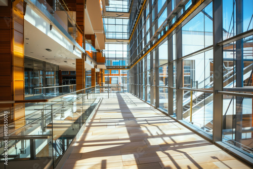 Wallpaper Mural This brightly lit, modern office hallway with expansive windows showcases clean lines, wood accents, and a spacious, inviting ambiance. Torontodigital.ca