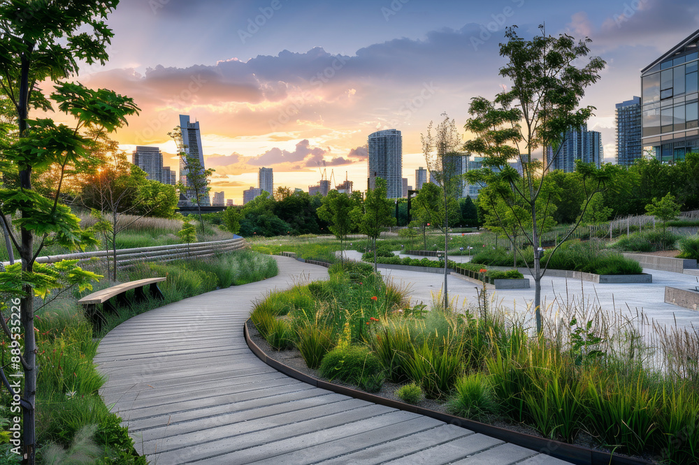 A scenic city park pathway winds through lush greenery at sunset, with modern skyscrapers in the background, blending urban life with natural beauty. A scenic city park pathway winds through lush greenery at sunset, with modern skyscrapers in the background, blending urban life with natural beauty.