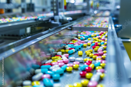 Wallpaper Mural Colorful tablets and capsules travel along a conveyor belt in a modern pharmaceutical factory, representing medical advancement and mass production. Torontodigital.ca