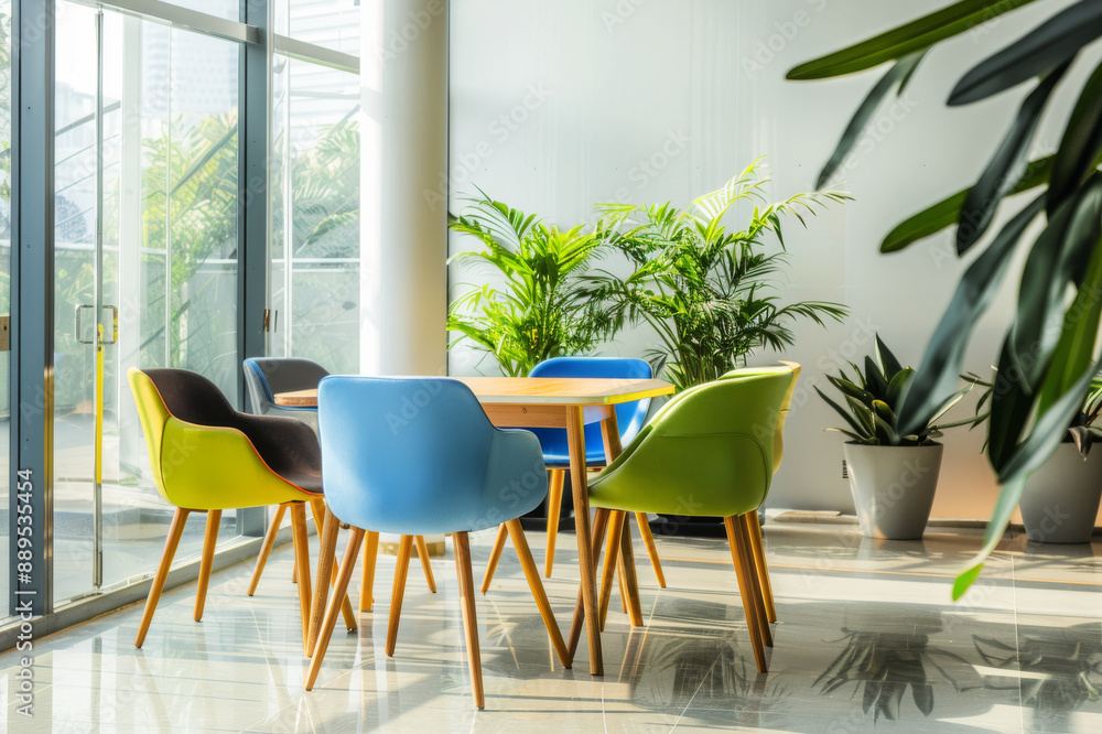 Fototapeta premium Dynamic office lounge with colorful seating, modern decor, high ceilings, and ample natural light, designed for collaboration and innovation.