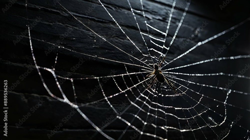 Spider web silhouette against black wall - Halloween theme dark background Spider web silhouette against black wall - Halloween theme dark background